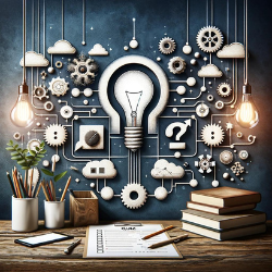 An illustrative image depicting a study room setup for an 'Assumption and Conclusion' quiz, featuring a thought bubble with a lightbulb and question mark, interconnected by dots and lines, alongside a book, pen, and quiz paper with checkboxes.