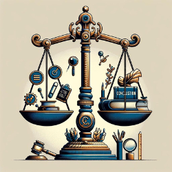 An illustrative image showcasing a balance scale with symbolic items representing 'assumption' on one side and 'conclusion' on the other, complemented by a magnifying glass, books, and a notepad, emphasizing logical reasoning and analytical thinking.