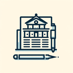 Minimalist illustration depicting the process of filing for the civil service exam, featuring a stylized form, a pen, and a symbolic government building.
