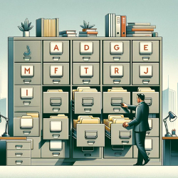 An illustration of an organized office with a person in professional attire filing folders into a cabinet labeled with letters of the alphabet.