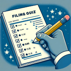 An image showcasing a quiz sheet with multiple-choice questions on filing methods, a pencil marking an answer, indicative of a Civil Service Exam preparation scenario.