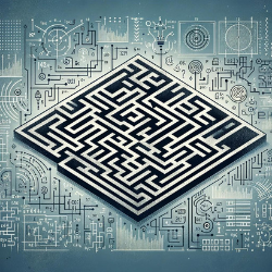 Intricate labyrinth design symbolizing complex problem-solving, with embedded faint numbers and logic symbols, promoting analytical thinking.