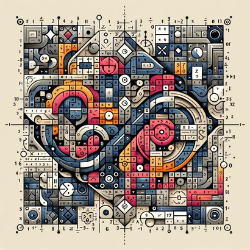 Complex and colorful image featuring interlocking puzzles, mathematical symbols, and logical operators, designed to stimulate analytical thinking and problem-solving.