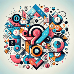A vibrant and intricate logic quiz-themed image, filled with abstract geometric shapes, numbers, and symbols like question marks and arrows, set against a colorful background to stimulate intellectual engagement and problem-solving skills.