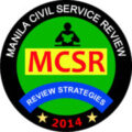 Logo of Manila Civil Service Review (MCSR) featuring a figure reading a book, with the text "REVIEW STRATEGIES" and the year "2014" against a green, yellow, and red background. Caption: MCSR - Empowering Civil Service Aspirants Since 2014.