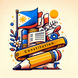 An illustrative icon for a Philippine Constitution Quiz, featuring a book or scroll, the Philippine flag, and a pencil, symbolizing law, national pride, and education.