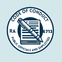 Minimalistic illustration of a pen and paper with the text 'RA 6713' highlighted, symbolizing the Code of Conduct and Ethical Standards for Public Officials and Employees.
