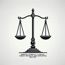 Minimalistic design featuring a classic balance scale with the text 'RA 6713', symbolizing the Code of Conduct and Ethical Standards for Public Officials and Employees.