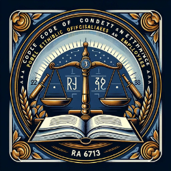 Illustration featuring a balanced scale, gavel, and open book with the text 'RA 6713', symbolizing the Code of Conduct and Ethical Standards for Public Officials and Employees. The color scheme includes navy blue, gold, and white, representing professionalism and ethics in public service.