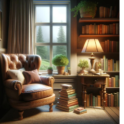 Cozy reading nook with plush armchair, stack of books, glowing lamp, and window view of a serene garden.