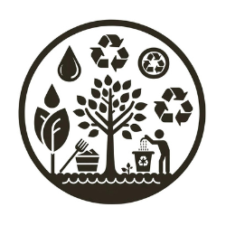Illustration depicting environment management and protection, featuring a tree, a recycling symbol, a water droplet, and a person planting a tree.
