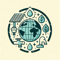Illustration showing Earth surrounded by symbols of environmental protection: a solar panel, a water drop, and a leaf.