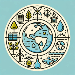 Simple illustration featuring Earth with symbols of environmental protection: a tree, wind turbine, and fish in water.