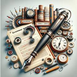Scholarly-themed illustration featuring a fountain pen, grammar books, a question mark, and corrected text for a grammar quiz.