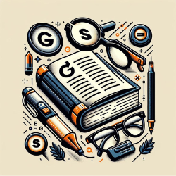 An illustration of grammar study tools, featuring a guidebook, eyeglasses, highlighter, and correction symbols, emphasizing language education.
