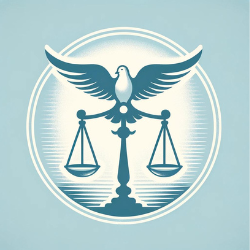 A symbolic image showcasing a flying dove and balanced scales against a serene blue background, representing peace and human rights.