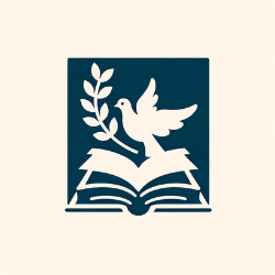 A symbolic image featuring a white peace dove with an olive branch and an open book against a minimalist calming background, representing peace and human rights education.