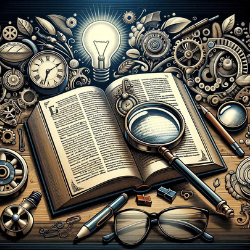 Open book with engaging text, magnifying glass, light bulb, and eyeglasses on a wooden table, symbolizing reading comprehension.