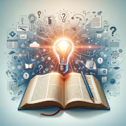 An open book with an illuminated light bulb above it, surrounded by a burst of creative and educational icons.