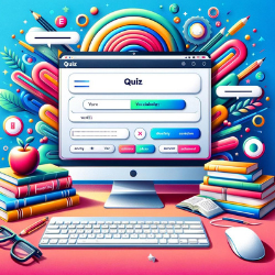 A computer monitor displays a colorful vocabulary quiz interface with a white quiz panel
