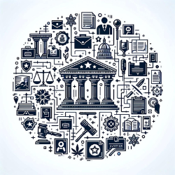 Collage of civil service symbols including a ballot box, gavel, government building, and exam papers, interconnected with lines for word association