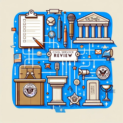Artistic arrangement of civil service symbols: clipboard, constitution, podium, voting booth, and ID badge, interconnected with lines for word association.