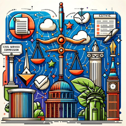 "Image featuring interconnected symbols for civil service review: justice scale, ballot box, capitol building, fountain pen, and a figure voting, with colorful lines linking them.