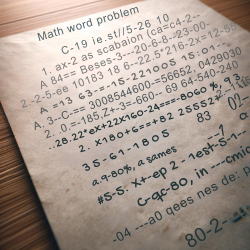 Close-up of a math word problem on paper, showcasing basic arithmetic or algebra, set on a wooden desk background.