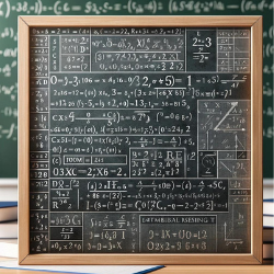 Detailed image of a complex math word problem on a chalkboard, focusing on ratios and fractions, in a classroom setting.